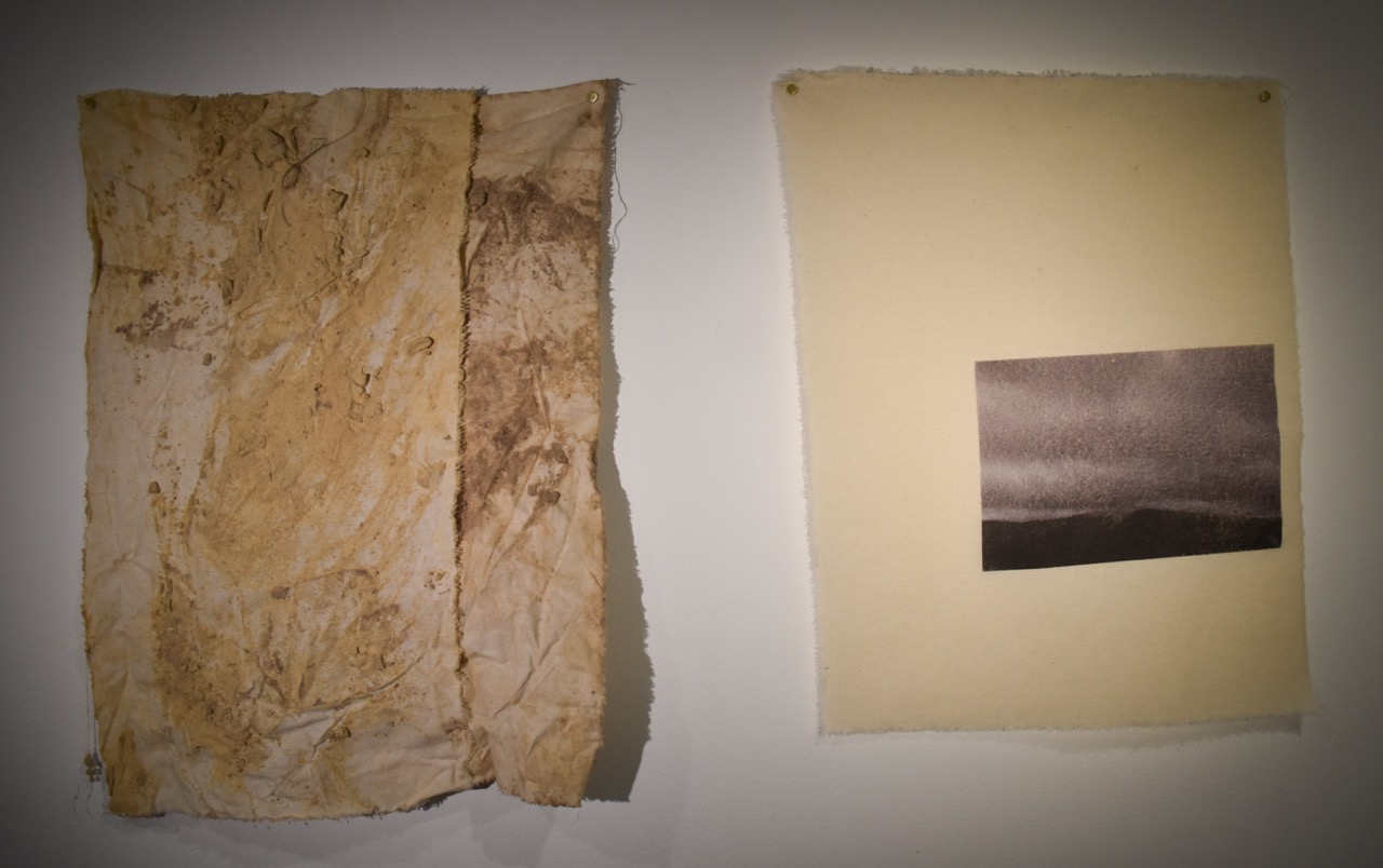 'Sunny Corner', 2025. Direct to garment dye on calico, soil on calico, brass