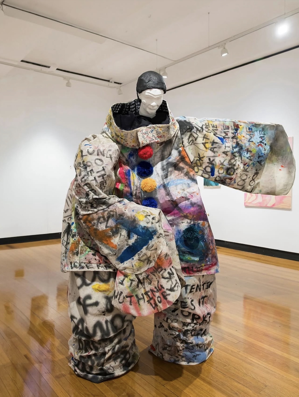 'The final bow', 2025. Wood, chicken wire, canvas drop cloth, paint, yarn, fabric, junk