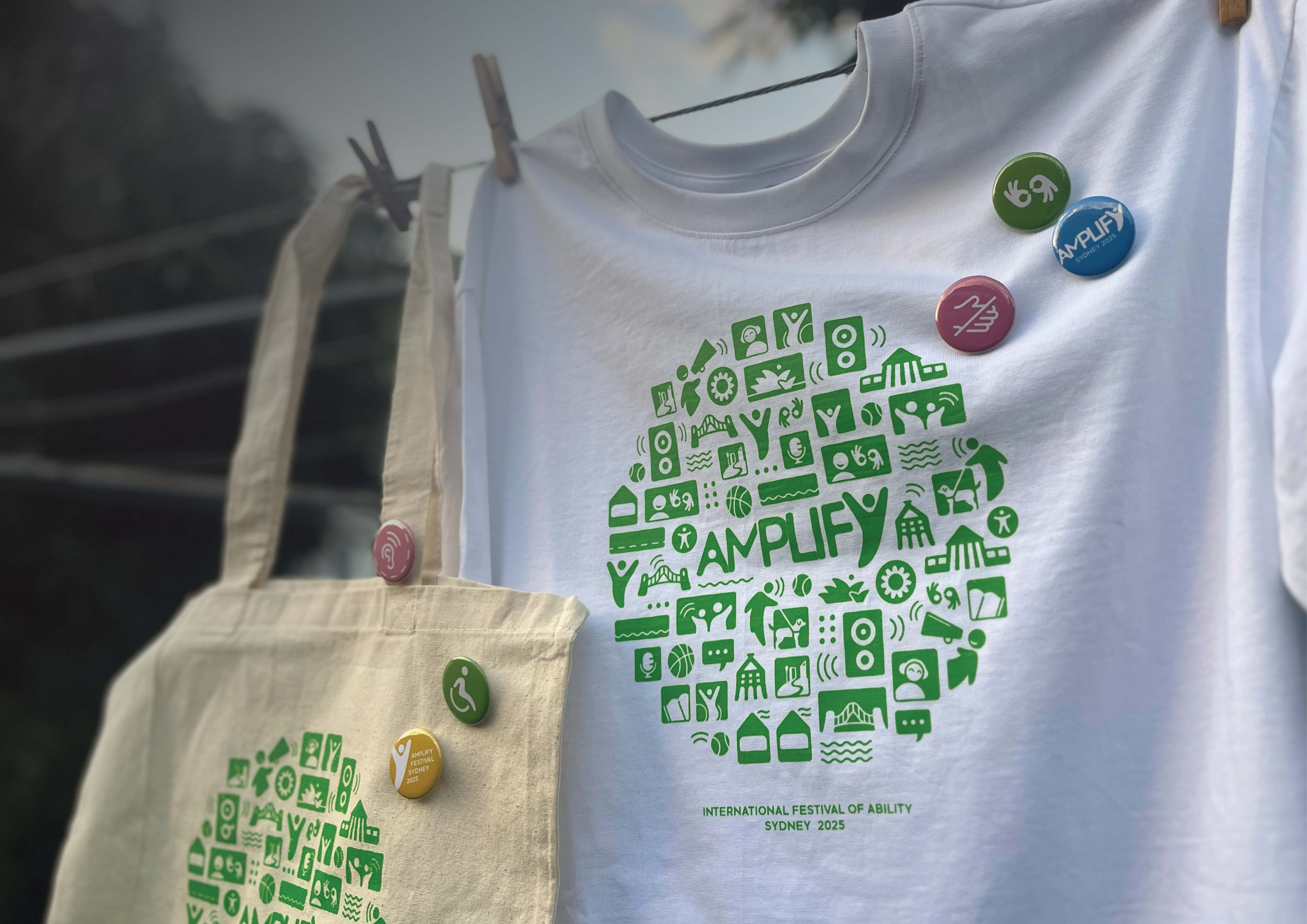 'Amplify Festival - Merchandise', 2025. Acrylic ink screenprint and button badges