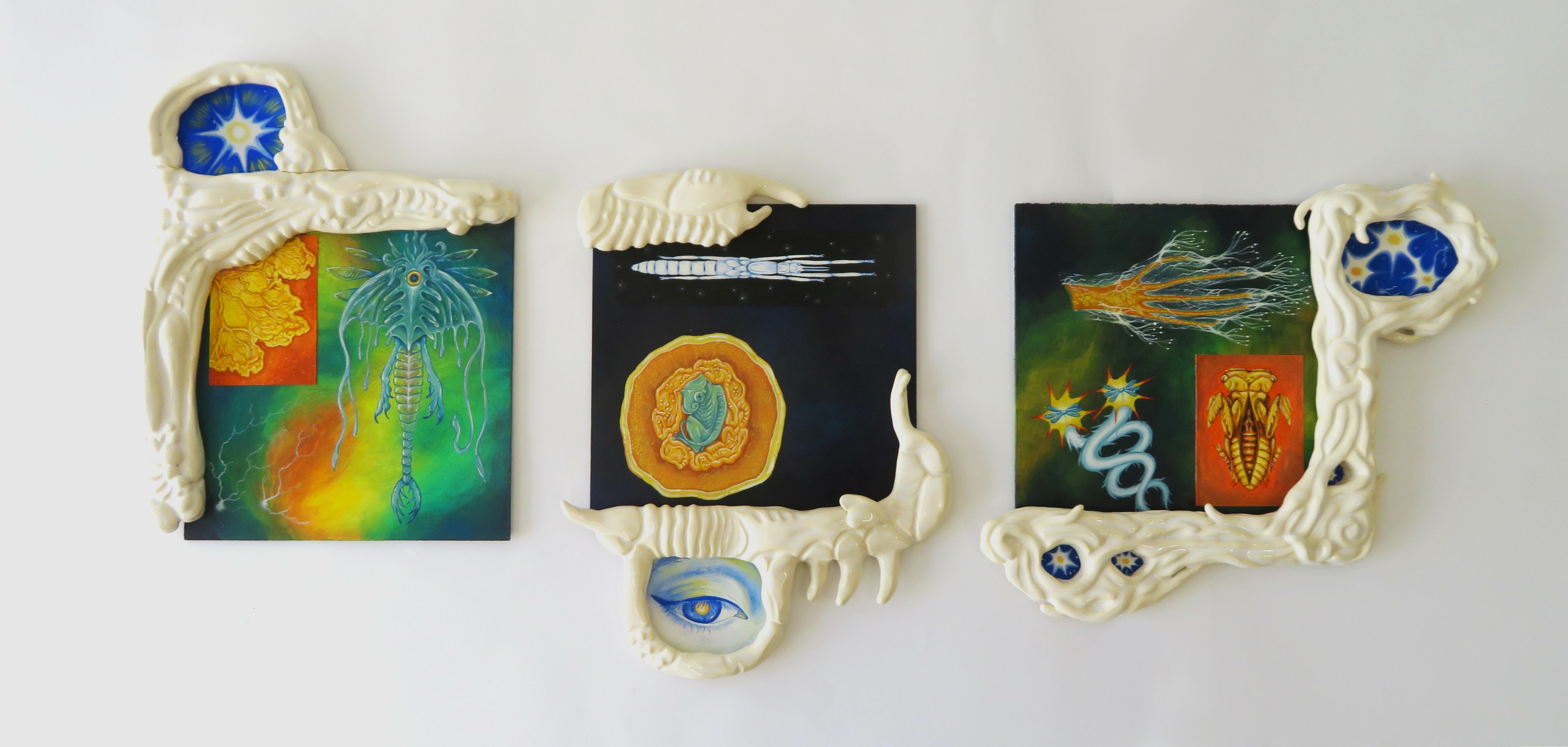 'Knowing, Forgetting, Remembering', 2024. Gouache on paper, acrylic and gouache on wood, earthenware 