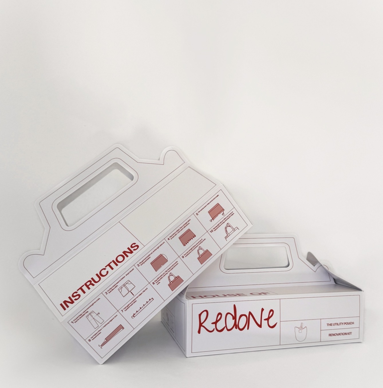 'House of Redone, a series of Textiles DIY Renovation Kits', 2025. Fabric chalk, needle, pattern pieces, pins, recyclable paper (packaging), redone label, seam ripper, sewing clips, thread