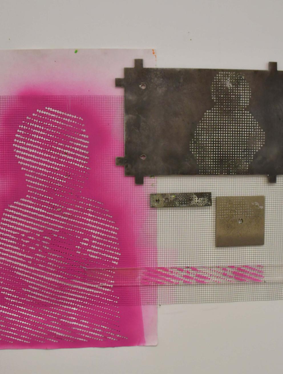 'Separation', 2025. Acrylic on paper and plastic, sandblasted metal, metal wire, nails