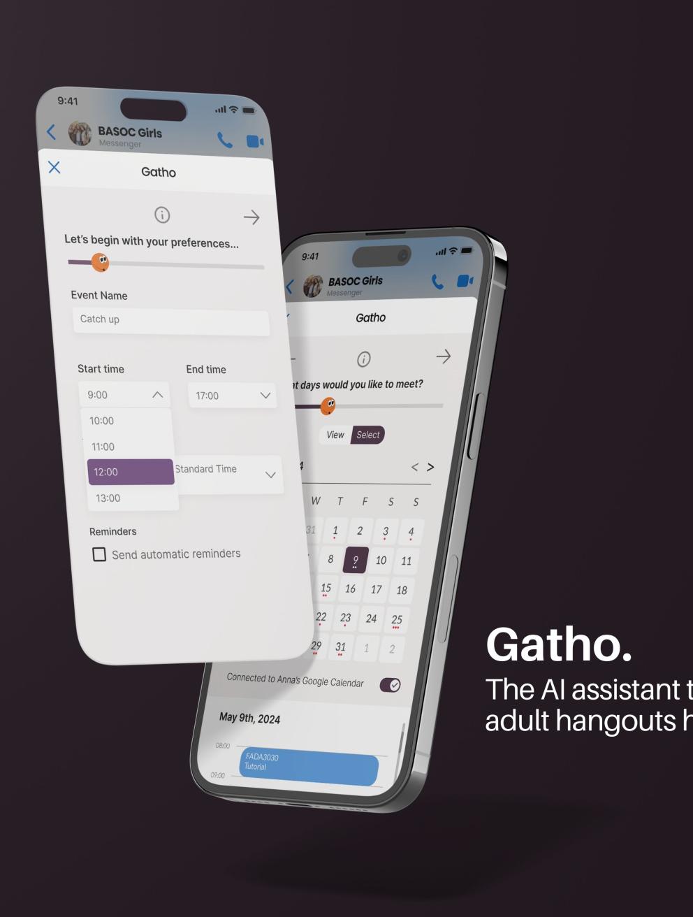 'Gatho', 2025. Mobile screen mockups