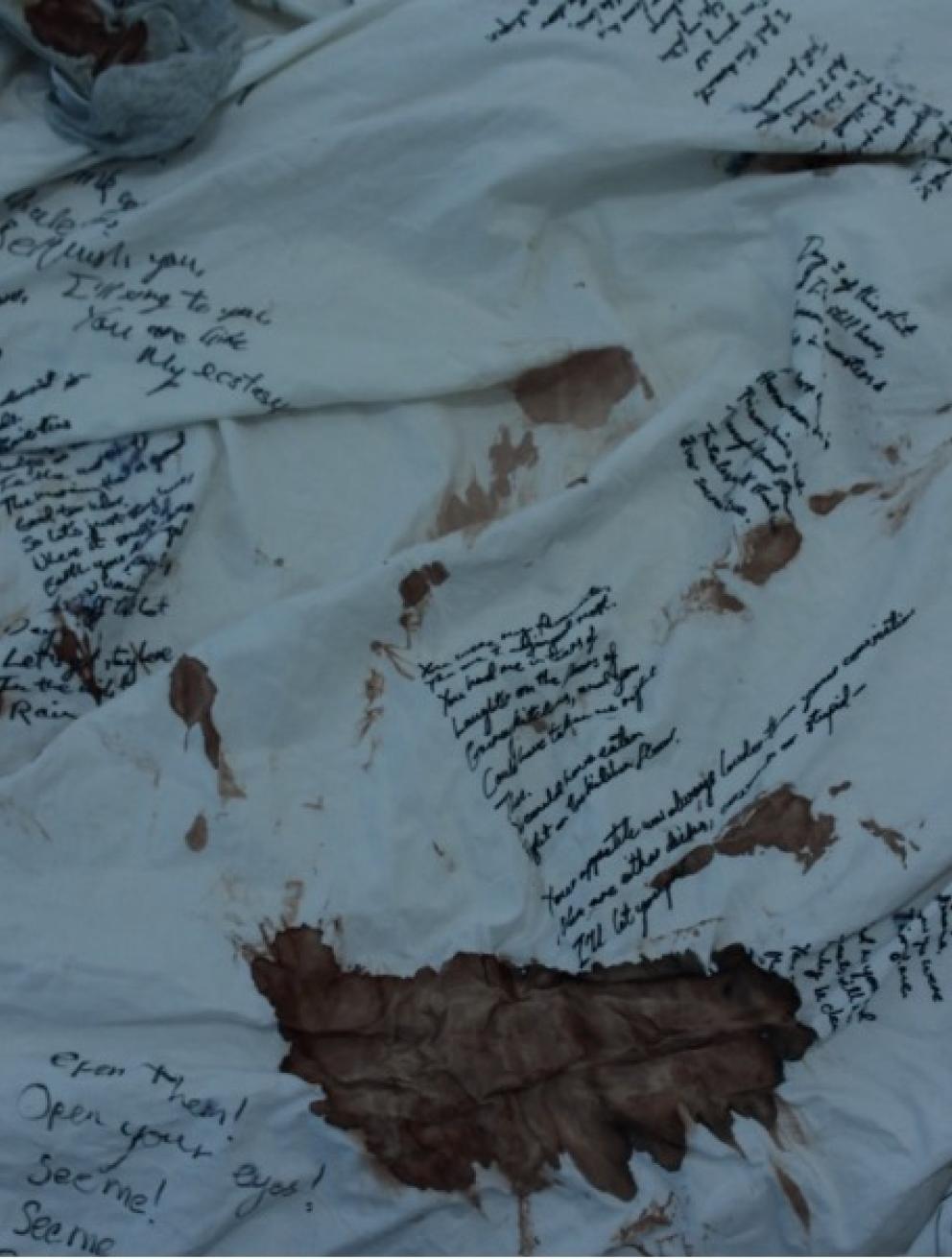 'Viscous Dreams #2', 2025. Pen on bedsheet, mattress, video installation (48 min duration)