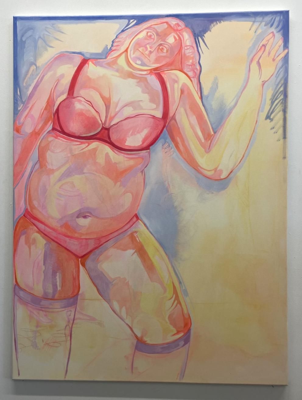 'I tried to put on a sexy outfit, but none of them fit anymore', 2025. Oil paint and oil pastel on canvas