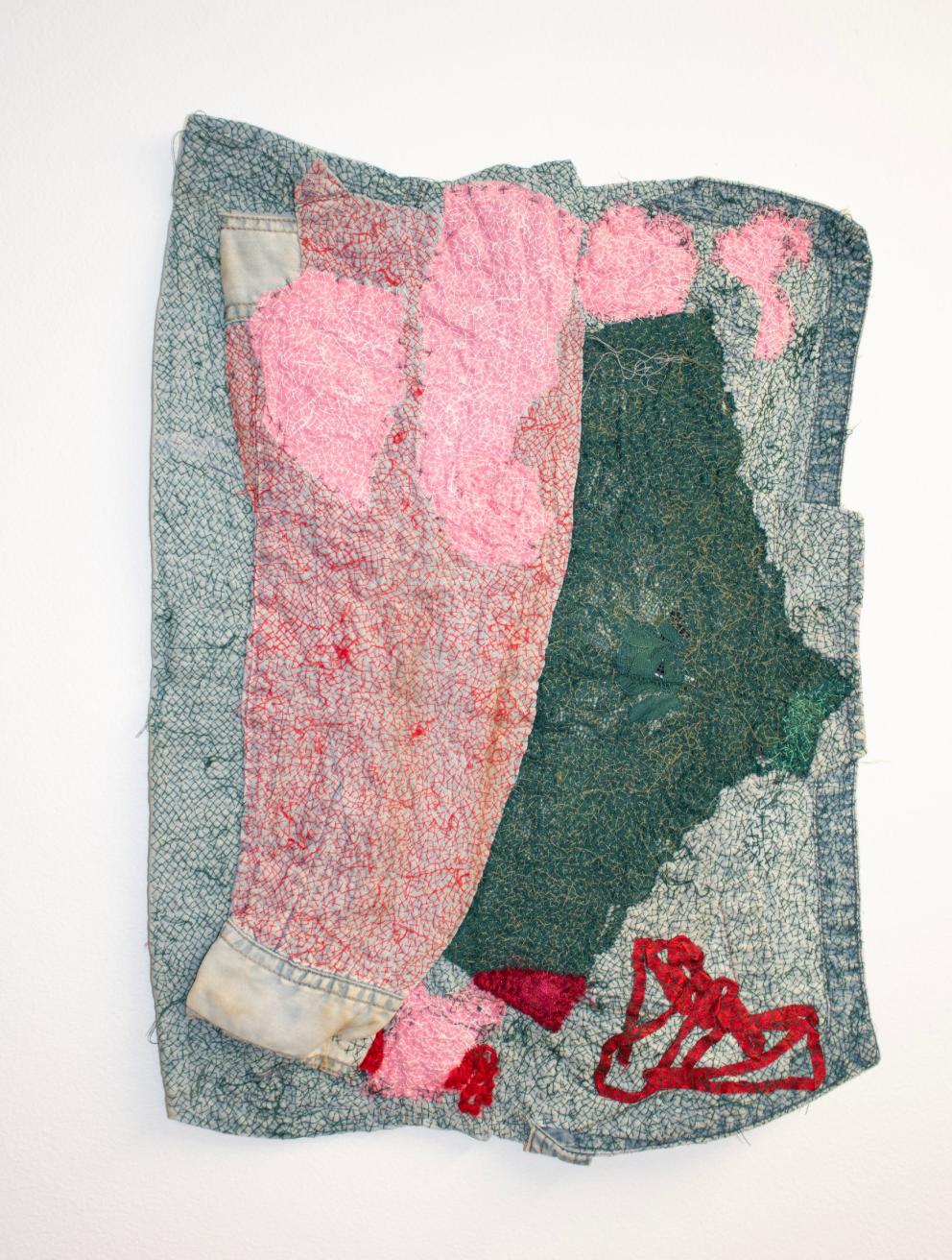'Remediation VIII', 2022–23. Tea stain, ribbon, panties, fabric offcuts and thread on shirt