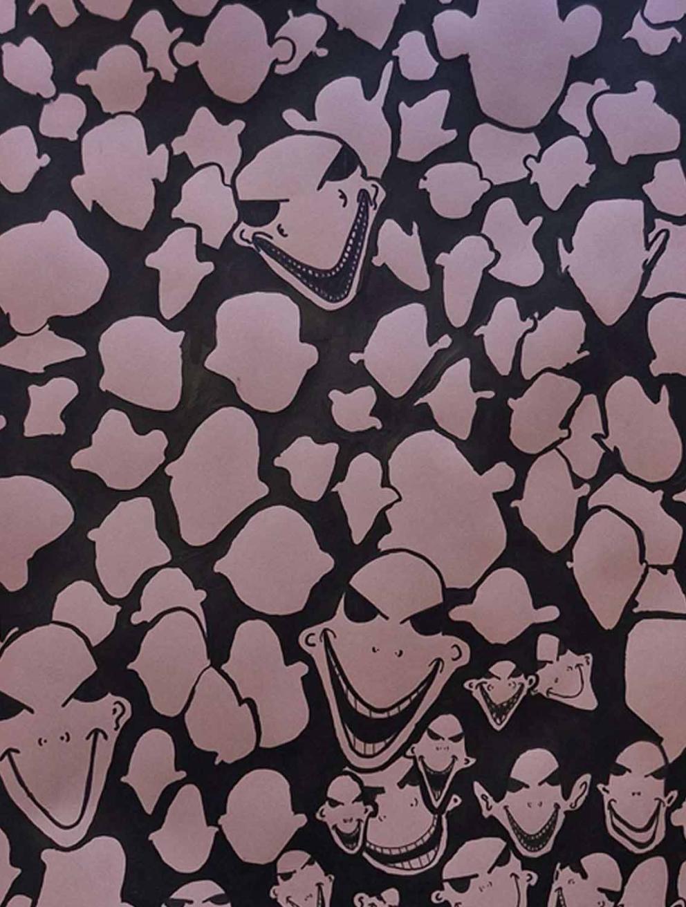 'Hungry Men', 2025. Pink paper, black ink