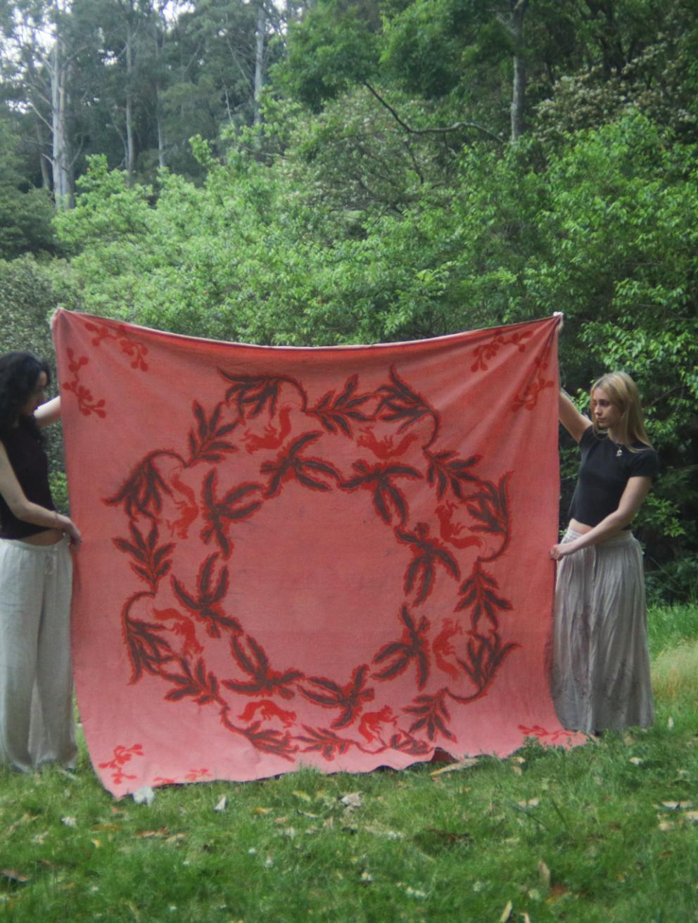 'Dyeing for the earth: Rituals for safe passage', 2025. Calico, naturally dyed with madder