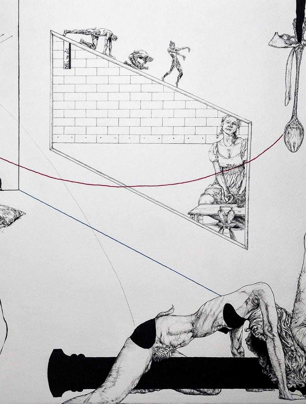 'Black Pillars/Nijinsky', 2025. Ink and texta on paper