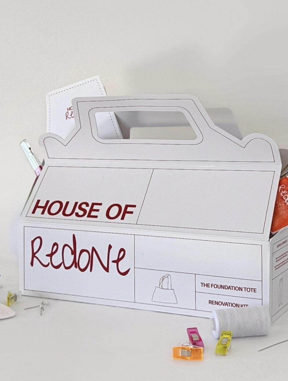 'House of Redone, a series of Textiles DIY Renovation Kits', 2025. Fabric chalk, needle, pattern pieces, pins, recyclable paper (packaging), redone label, seam ripper, sewing clips, thread