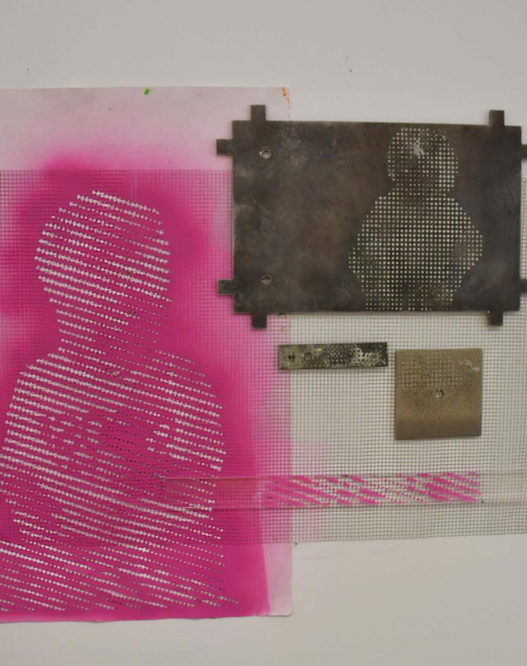'Separation', 2025. Acrylic on paper and plastic, sandblasted metal, metal wire, nails