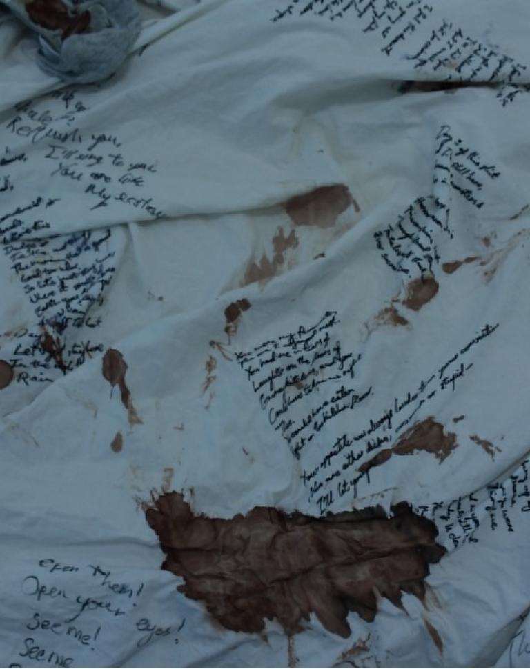 'Viscous Dreams #2', 2025. Pen on bedsheet, mattress, video installation (48 min duration)