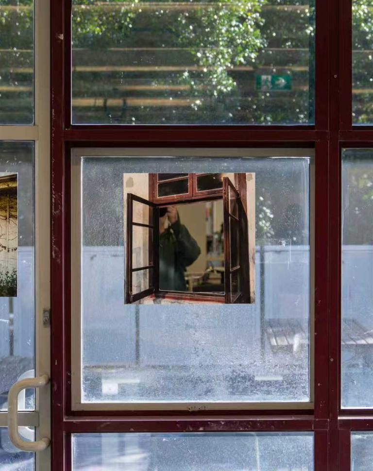 'The Void Windows', 2025. Long-exposure photographs with cut-out window areas, mirror, textured acrylic, tracing paper, yellow paper