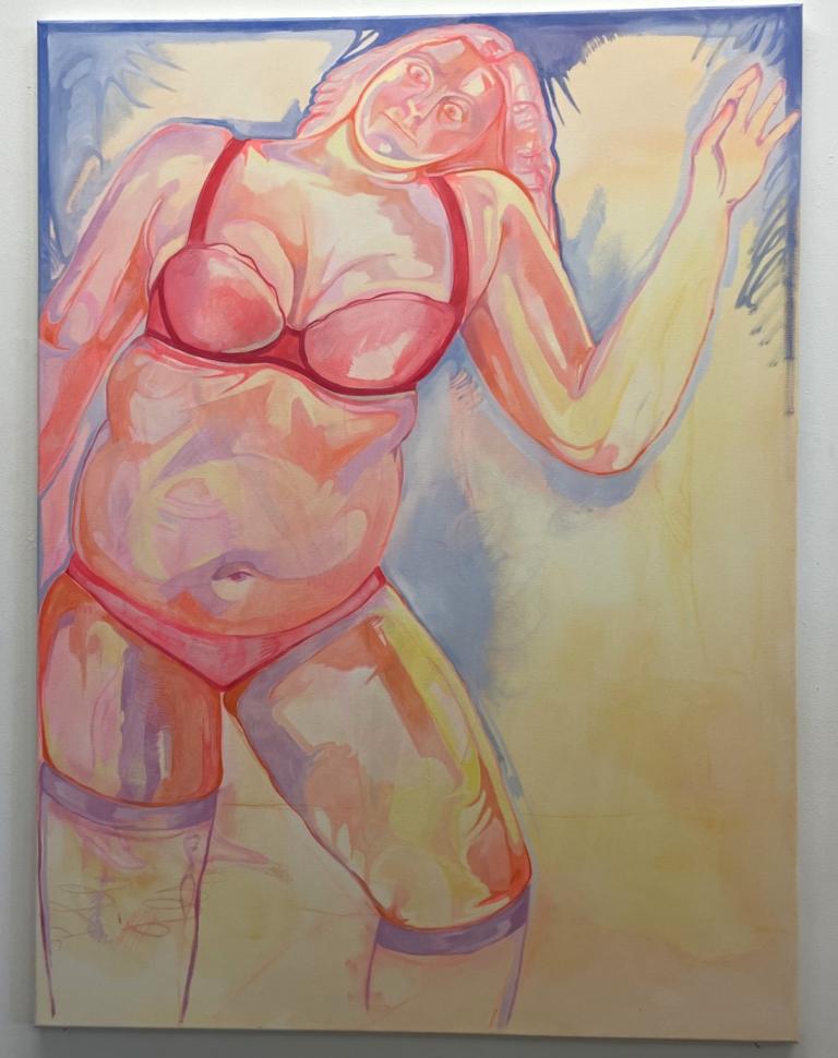 'I tried to put on a sexy outfit, but none of them fit anymore', 2025. Oil paint and oil pastel on canvas