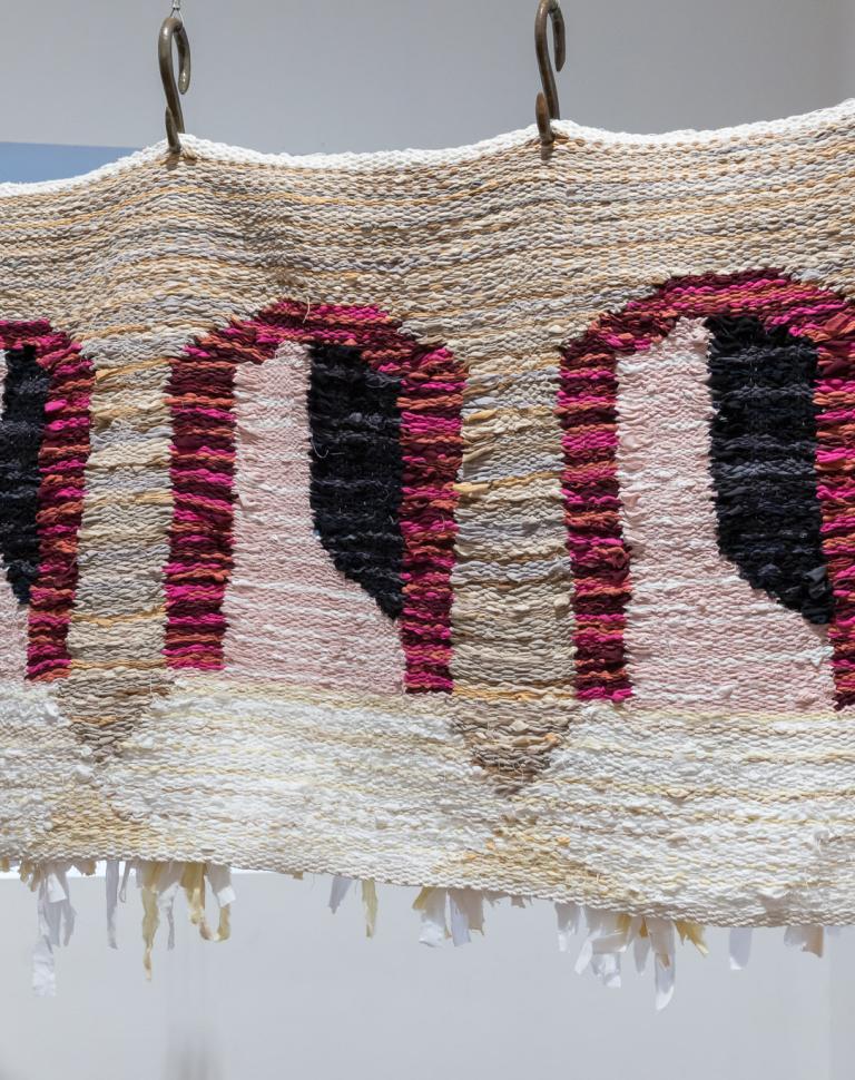 'Untitled (threshold #2)', 2025. Used bed sheets, ceramic, thread