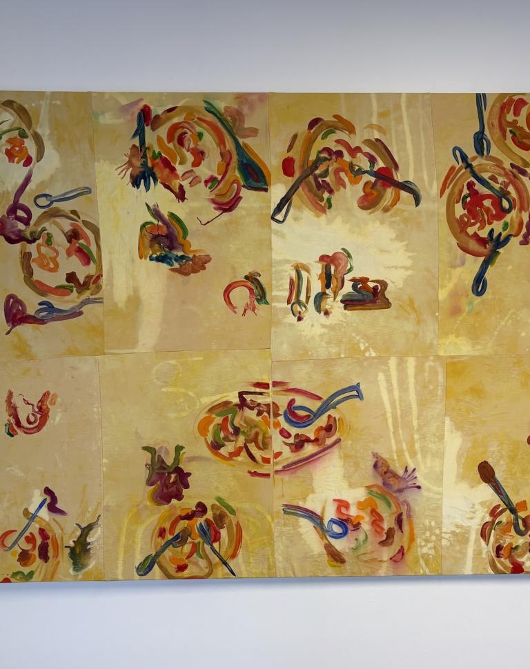 'We Had Spag Bol Again', 2025. Monoprinting on upcycled tablecloth