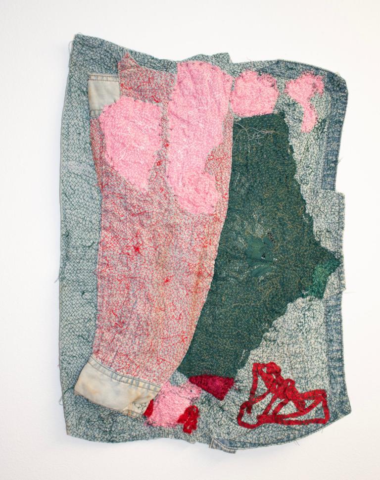 'Remediation VIII', 2022–23. Tea stain, ribbon, panties, fabric offcuts and thread on shirt