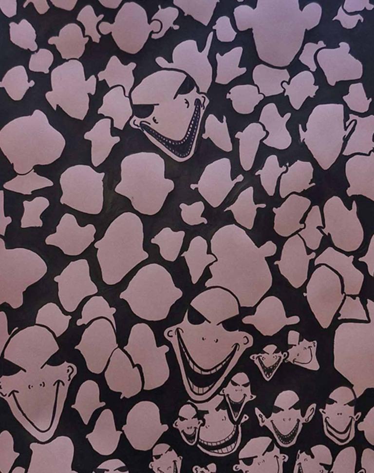 'Hungry Men', 2025. Pink paper, black ink