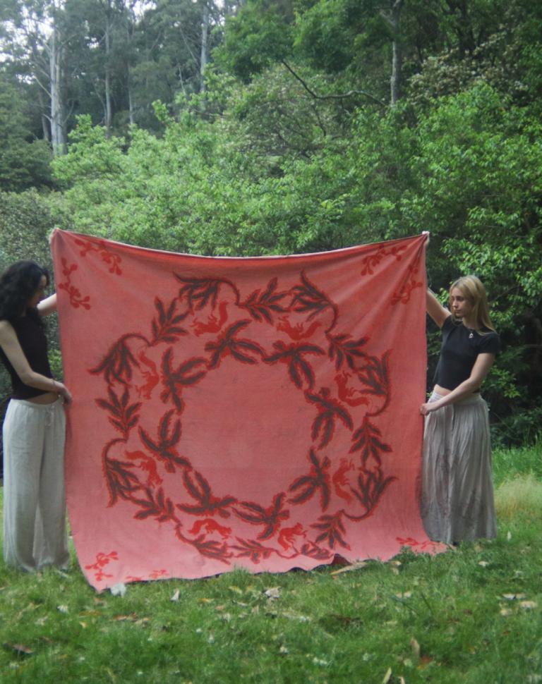 'Dyeing for the earth: Rituals for safe passage', 2025. Calico, naturally dyed with madder