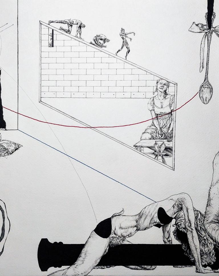 'Black Pillars/Nijinsky', 2025. Ink and texta on paper